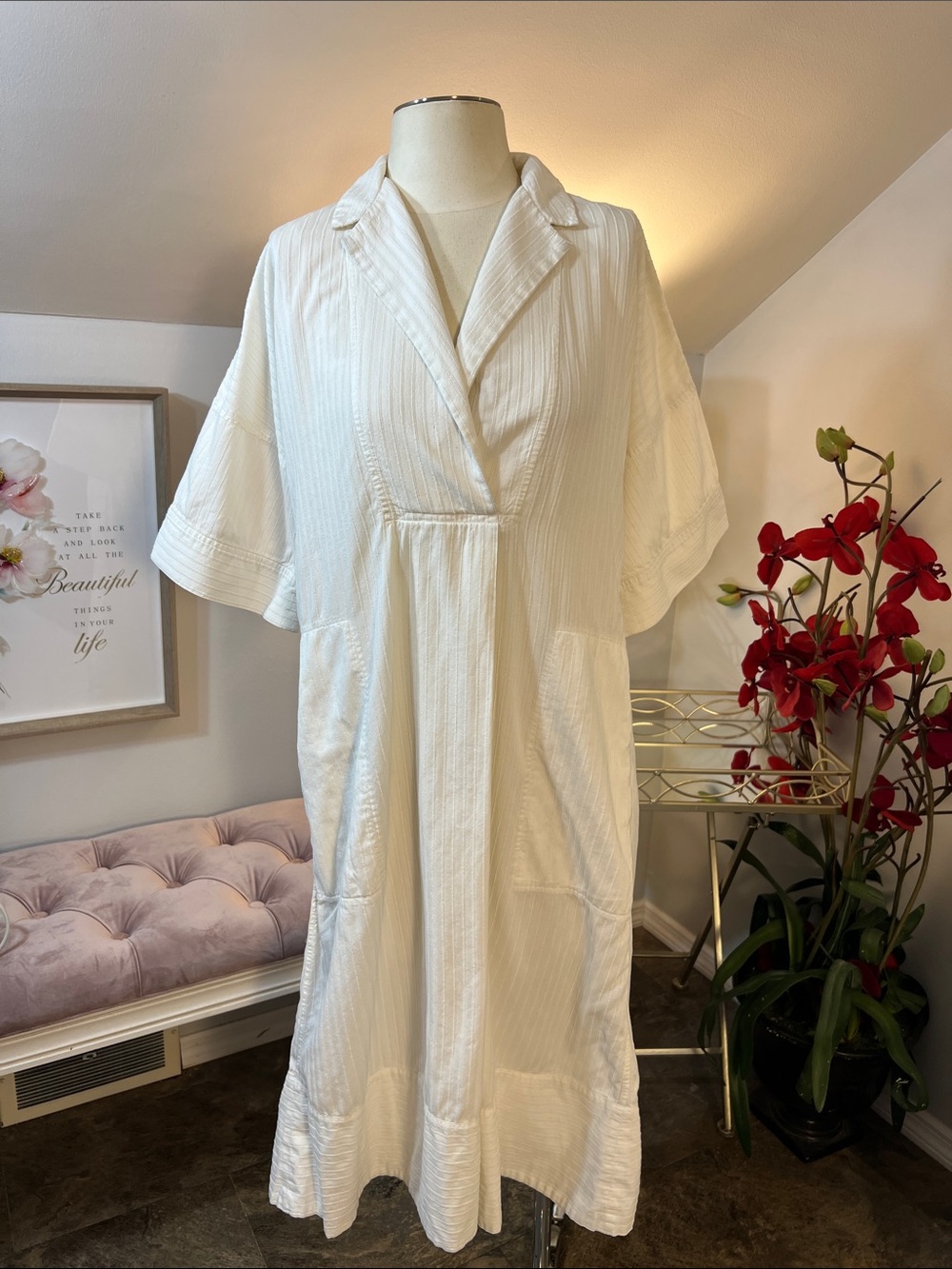 Club Monaco Off White Textured Cotton Seersucker Shirt Dress Pockets Size Small